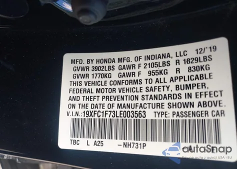2020 Honda Civic Ex-L from USA, damaged, VIN 19XFC1F73LE003563